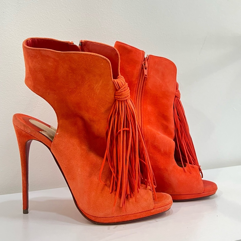 Christian Louboutin Orange Suede Fringe Booties